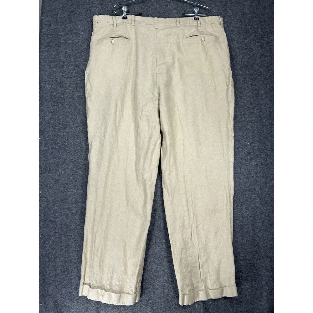 Vintage Berle Pants Mens 42x30 Beige 100% Linen Pleated Cuffed Dress 90s